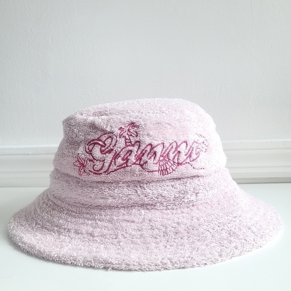 New GANNI Logo Embroidered Terrycloth Bucket Beach Hat Mary's Rose NWT Size XS/S - Picture 8 of 15